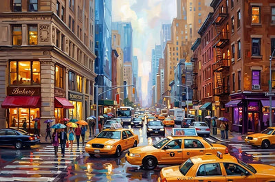 Diamond painting of a busy city street, yellow taxis, and umbrellas.