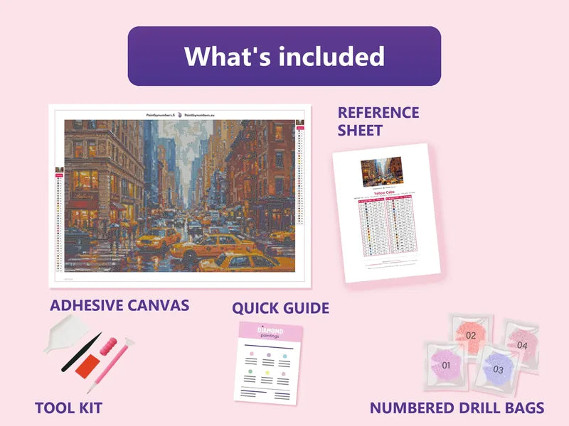 Yellow Cabs 60x40cm diamond painting kit contents: adhesive canvas, color chart, tools and diamond bags