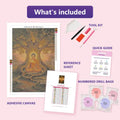 Thumbnail for Zen Meditation 40x60cm diamond painting kit contents: adhesive canvas, color chart, tools and diamond bags