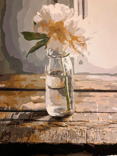 Finished White Peony in a Glass paint by numbers displayed in a customer home