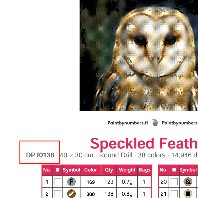 Diamond painting product code DPJ0138 at the top of the colour list