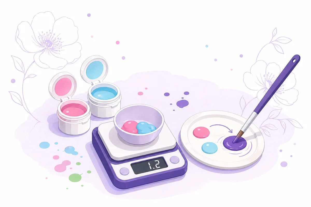 Paint mix calculator illustration showing pink and blue paint being weighed and mixed.